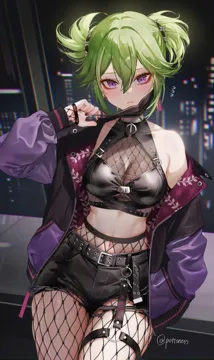 1girl aegyo_sal alternate_hairstyle black_nails breasts cityscape closed_mouth crop_top fishnet_pantyhose fishnets genshin_impact green_hair hair_between_eyes halterneck hand_in_pocket jacket kuki_shinobu looking_at_viewer mask mask_pull medium_breasts midriff mouth_mask navel night night_sky o_ring o_ring_thigh_strap off_shoulder pantyhose pottsness purple_eyes purple_jacket shorts sky solo thigh_strap torn_clothes torn_shorts twintails twitter_username window