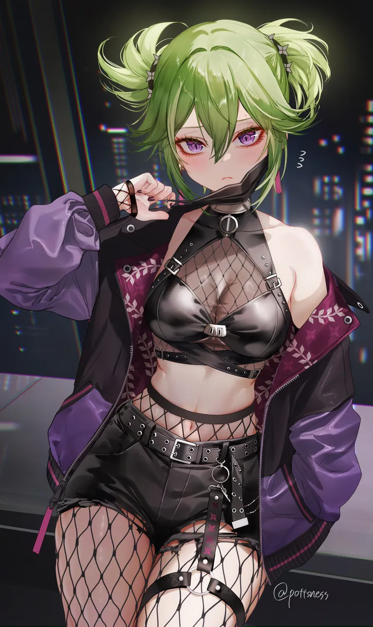 1girl aegyo_sal alternate_hairstyle black_nails breasts cityscape closed_mouth crop_top fishnet_pantyhose fishnets genshin_impact green_hair hair_between_eyes halterneck hand_in_pocket jacket kuki_shinobu looking_at_viewer mask mask_pull medium_breasts midriff mouth_mask navel night night_sky o_ring o_ring_thigh_strap off_shoulder pantyhose pottsness purple_eyes purple_jacket shorts sky solo thigh_strap torn_clothes torn_shorts twintails twitter_username window