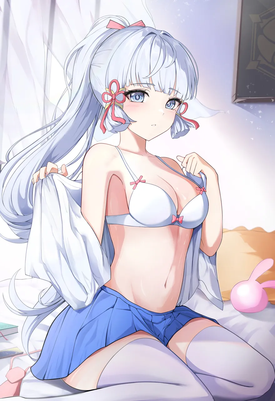 1girl alternate_costume blue_eyes blue_skirt blunt_bangs blunt_tresses book bra breasts cleavage curtains genshin_impact grey_hair hair_ribbon indoors kamisato_ayaka light_blush long_hair looking_at_viewer medium_breasts mole mole_under_eye navel necktie on_bed open_clothes open_shirt parted_lips pink_necktie pleated_skirt ponytail ribbon shirt skirt solo stomach thighhighs tress_ribbon underwear undressing unworn_necktie white_bra white_shirt white_thighhighs yeni1871