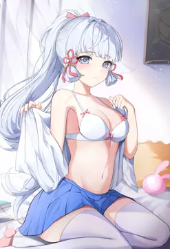 1girl alternate_costume blue_eyes blue_skirt blunt_bangs blunt_tresses book bra breasts cleavage curtains genshin_impact grey_hair hair_ribbon indoors kamisato_ayaka light_blush long_hair looking_at_viewer medium_breasts mole mole_under_eye navel necktie on_bed open_clothes open_shirt parted_lips pink_necktie pleated_skirt ponytail ribbon shirt skirt solo stomach thighhighs tress_ribbon underwear undressing unworn_necktie white_bra white_shirt white_thighhighs yeni1871