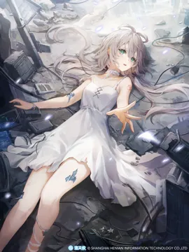 1girl bare_arms breasts broken_skin cable copyright_notice cracked_skin crying crying_with_eyes_open dress feet_out_of_frame green_eyes grey_hair hair_rings hair_spread_out leg_ribbon long_hair looking_at_viewer low_twintails lying on_back outstretched_hand parted_lips ribbon rubble ruins short_dress shoulder_tattoo sleeveless sleeveless_dress solo spaghetti_strap strap_slip streaming_tears sundress tattoo tears torn_clothes torn_dress vocaloid twintails white_dress white_ribbon mada__shizhou vsinger__vocaloid luo_tianyi