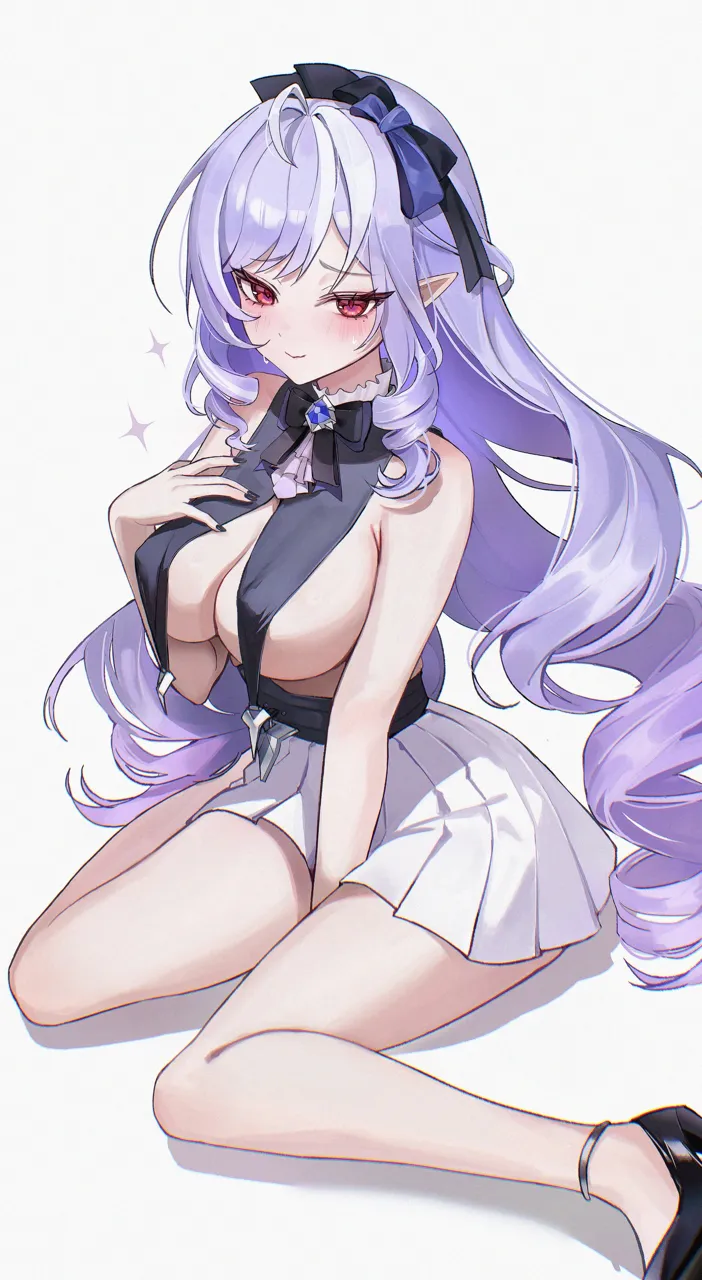 1girl armpit_crease ascot bare_legs black_bow black_bowtie black_nails black_shoes blush bow bowtie breast_curtains breasts closed_mouth embarrassed fingernails grey_background hair_bow high_heels large_breasts legs long_hair looking_at_viewer multicolored_hair nail_polish no_bra no_shirt pleated_skirt pointy_ears purple_ascot purple_bow purple_hair red_eyes shoes simple_background sitting skirt smile solo streaked_hair sweatdrop very_long_hair wariza white_skirt zije zenless_zone_zero vivian__zenless_zone_zero