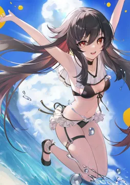 1girl armpits arms_up beach bikini black_bikini black_hair black_shoes breasts colored_tips floating_hair flower_shaped_pupils frilled_bikini frills genshin_impact gradient_hair hair_between_eyes hu_tao__genshin_impact jumping long_hair looking_at_viewer multicolored_hair open_mouth outdoors outstretched_arms red_eyes red_hair shoes small_breasts smile solo splashing swimsuit symbol_shaped_pupils teeth thigh_strap thighs twintails upper_teeth_only very_long_hair water yi__saver5607