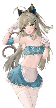 1girl ahoge alternate_costume animal_ears apron armpits bandeau bare_shoulders blue_skirt brown_hair cat_ears cat_tail clenched_hands cowboy_shot fake_animal_ears feint721 genshin_impact gloves green_eyes hair_ornament hairclip head_tilt kirara__genshin_impact long_hair looking_at_viewer midriff miniskirt multiple_tails navel one_side_up open_mouth paw_pose simple_background skirt skirt_set smile solo standing stomach strapless tail thighhighs thighs tube_top two_tails very_long_hair waist_apron white_apron white_background white_gloves white_thighhighs