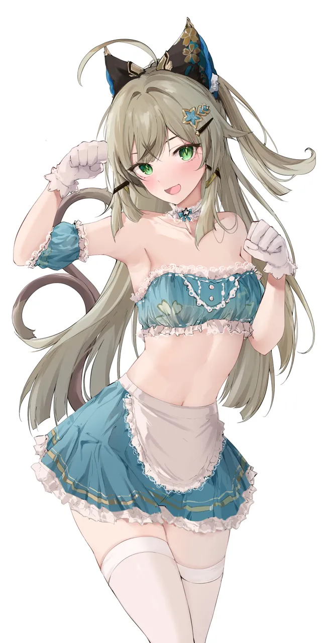 1girl ahoge alternate_costume animal_ears apron armpits bandeau bare_shoulders blue_skirt brown_hair cat_ears cat_tail clenched_hands cowboy_shot fake_animal_ears feint721 genshin_impact gloves green_eyes hair_ornament hairclip head_tilt kirara__genshin_impact long_hair looking_at_viewer midriff miniskirt multiple_tails navel one_side_up open_mouth paw_pose simple_background skirt skirt_set smile solo standing stomach strapless tail thighhighs thighs tube_top two_tails very_long_hair waist_apron white_apron white_background white_gloves white_thighhighs