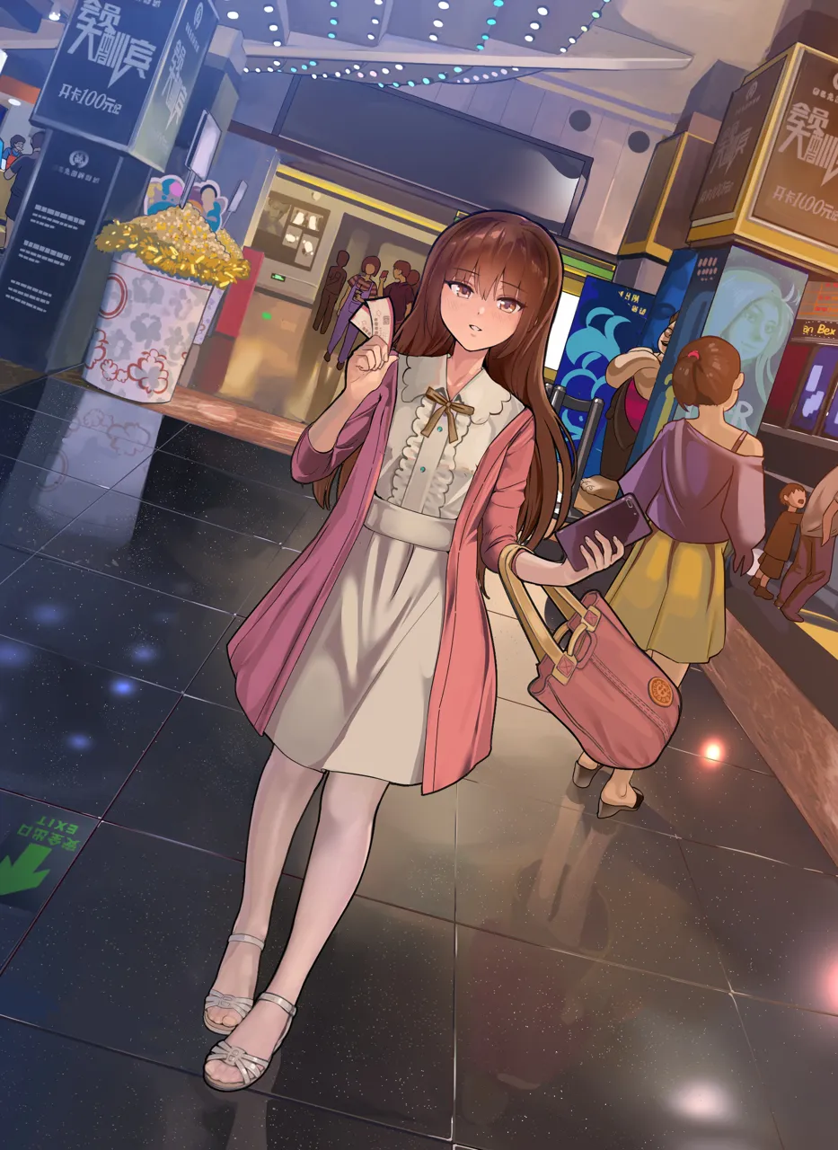 2boys 3girls bag blush brown_eyes brown_hair center_frills child chinese_text crossed_arms dress dutch_angle feet frills green_skirt hairband hallway hand_up high_heels holding holding_phone indoors jacket long_hair multiple_boys multiple_girls off_shoulder pants pantyhose people phone pink_bag pink_jacket pink_ribbon ribbon see_through_clothes see_through_legwear shirt shoes shorts single_bare_shoulder skirt smile supermarket ticket tile_floor tiles white_dress white_pantyhose yewang19 yu_xuan__yewang19