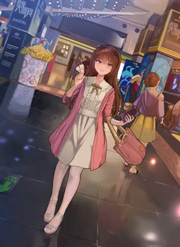 2boys 3girls bag blush brown_eyes brown_hair center_frills child chinese_text crossed_arms dress dutch_angle feet frills green_skirt hairband hallway hand_up high_heels holding holding_phone indoors jacket long_hair multiple_boys multiple_girls off_shoulder pants pantyhose people phone pink_bag pink_jacket pink_ribbon ribbon see_through_clothes see_through_legwear shirt shoes shorts single_bare_shoulder skirt smile supermarket ticket tile_floor tiles white_dress white_pantyhose yewang19 yu_xuan__yewang19