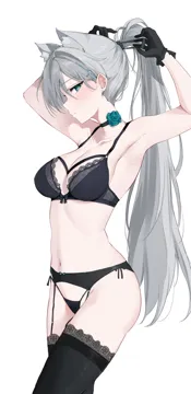 1girl animal_ear_fluff animal_ears aqua_flower aqua_rose armpits arms_up black_bra black_panties black_thighhighs blue_archive blue_eyes blue_flower blue_rose blush bow bow_bra bra breasts choker collarbone cross_hair_ornament extra_ears feint721 flower flower_choker garter_belt gloves grey_hair hair_between_eyes hair_ornament halo lace_trim lace_trimmed_bra large_breasts long_hair looking_at_viewer navel panties ponytail rose shiroko__blue_archive shiroko_terror__blue_archive side_tie_panties solo stomach thighhighs thighs tying_hair underwear white_background wolf_ears