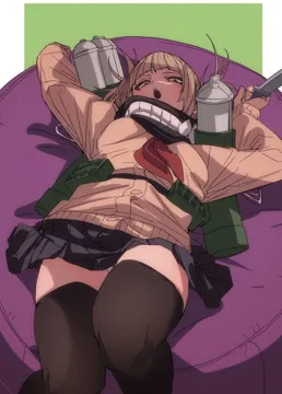 1girl bag bangs black_legwear blonde_hair blunt_bangs bottle cardigan long_sleeves looking_at_viewer lying on_back panties pantyshot pillow sailor_collar scarf school_uniform skirt solo thighhighs underwear weapon white_panties boku_no_hero_academia toga_himiko__boku_no_hero_academia