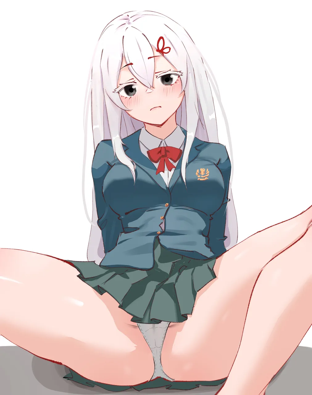 1girl arm_support blue_jacket blush breasts buttons closed_mouth collar collared_shirt colored_eyelashes crotch_seam green_skirt grey_eyes hair_between_eyes hair_ornament hairclip jacket long_hair looking_at_viewer medium_breasts neck_ribbon panties pleated_skirt reclining red_ribbon ribbon school_uniform shirt simple_background skirt solo spread_legs underwear white_background white_collar white_eyelashes white_hair white_panties white_shirt babywipes re_zero_kara_hajimeru_isekai_seikatsu echidna__re_zero