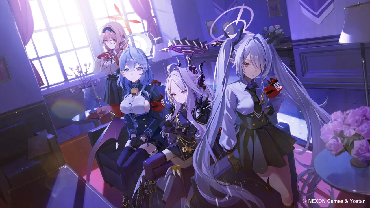 4girls armband bell black_boots black_dress black_gloves black_necktie black_pantyhose black_skirt blue_hair boots breasts couch crossed_arms crossed_legs dark_skinned_female dark_skin dress flower forehead glasses gloves hair_between_eyes hand_on_own_hip long_hair looking_at_viewer multiple_girls neck_bell necktie on_couch pantyhose pink_hair pointy_ears purple_flower red_armband red_gloves red_pantyhose shirt sideboob sidelocks sitting skirt white_hair white_shirt flatshi blue_archive ako__blue_archive chinatsu__blue_archive hina__blue_archive iori__blue_archive