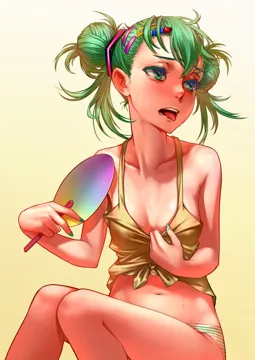 1girl alternate_hairstyle breasts double_bun green_eyes green_hair hair_bun hair_ornament hairclip hand_fan hot nail_polish navel no_pants open_mouth panties paper_fan sitting small_breasts solo striped_clothes striped_panties sweat tank_top tongue uchiwa underwear as109 hatsune_miku