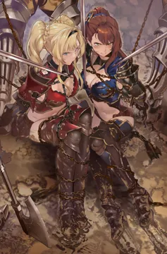 2girls armor arms_behind_back axe blonde_hair blue_eyes boots breasts brown_hair captured chain chained cleavage cleavage_cutout clothing_cutout dirty gauntlets green_eyes high_heel_boots high_heels long_hair mud multiple_girls navel pauldrons ponytail restrained shoulder_armor sword tears thighhighs torn_clothes twintails weapon yewang19 granblue_fantasy beatrix__granblue_fantasy zeta__granblue_fantasy