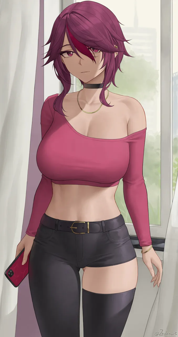 1girl ass_visible_through_thighs asymmetrical_clothes asymmetrical_legwear bare_shoulders belt black_belt black_choker black_pants black_thighhighs blush breasts casual cellphone choker cleavage collarbone contemporary crop_top curtains genshin_impact hair_between_eyes high_waist_pants holding holding_phone jewelry large_breasts long_hair long_sleeves looking_at_viewer midriff multicolored_hair necklace pants parted_lips phone purple_eyes purple_hair purple_shirt red_hair rosaria__genshin_impact shirt sidelocks single_pantsleg single_thighhigh smartphone smile solo streaked_hair thighhighs thighs zaphn