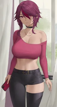 1girl ass_visible_through_thighs asymmetrical_clothes asymmetrical_legwear bare_shoulders belt black_belt black_choker black_pants black_thighhighs blush breasts casual cellphone choker cleavage collarbone contemporary crop_top curtains genshin_impact hair_between_eyes high_waist_pants holding holding_phone jewelry large_breasts long_hair long_sleeves looking_at_viewer midriff multicolored_hair necklace pants parted_lips phone purple_eyes purple_hair purple_shirt red_hair rosaria__genshin_impact shirt sidelocks single_pantsleg single_thighhigh smartphone smile solo streaked_hair thighhighs thighs zaphn