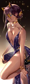1girl animal_ears bag black_footwear black_hair blue_eyes breasts cat_ears cleavage collarbone dark_skin dark_skinned_female dehya__genshin_impact dress english_text extra_ears from_side genshin_impact hair_bun handbag high_heels jewelry leg_up legs necklace plunging_neckline purple_dress ringeko_chan single_hair_bun solo