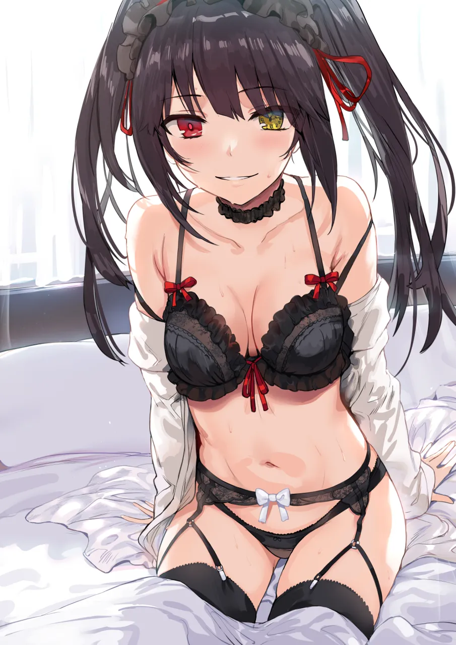1girl arm_support armpit_crease arms_at_sides bare_shoulders bed black_bra black_choker black_hair black_hairband black_panties black_thighhighs blanket blush bow bow_bra bow_hairband bra breasts breasts_apart choker clock_eyes collarbone cowboy_shot curtains date_a_live frilled_choker frilled_hairband frills garter_belt hair_ribbon hairband heterochromia hews lingerie lolita_hairband long_hair looking_at_viewer medium_breasts navel off_shoulder open_clothes open_shirt panties pillow red_eyes red_pupils red_ribbon ribbon shirt sidelocks sitting skindentation smile smug solo sweat symbol_shaped_pupils thighhighs tokisaki_kurumi twintails underwear white_bow white_shirt window yellow_eyes