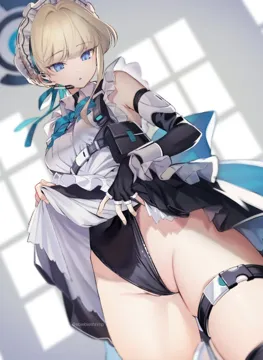 1girl apron blonde_hair blue_archive blue_bow blue_bowtie blue_eyes blue_halo blue_ribbon bow bowtie bun_cover chest_harness clothes_lift earpiece elbow_gloves fingerless_gloves gloves hair_bun halo harness highleg highleg_leotard leotard leotard_peek leotard_under_clothes lifting_own_clothes maid_apron maid_headdress ribbon shuri__84k skirt skirt_lift solo standing thigh_strap toki__blue_archive white_apron