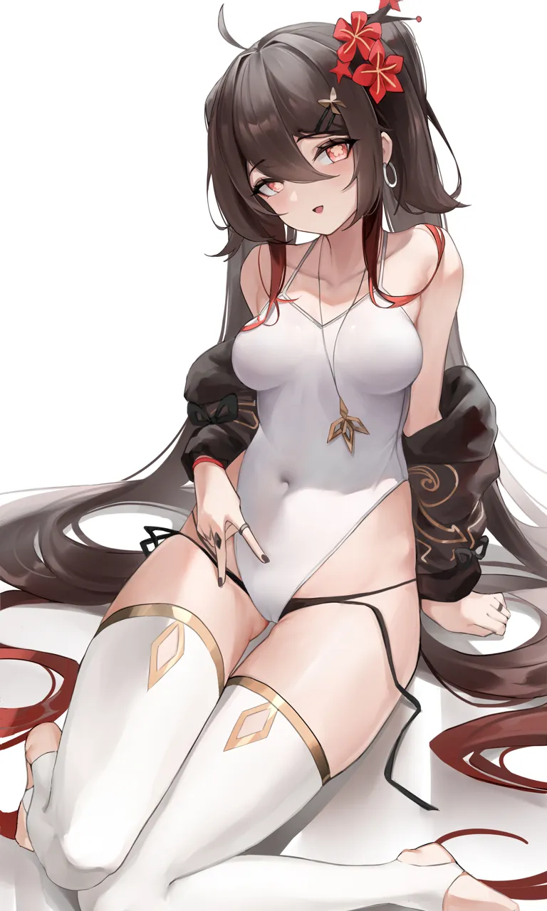1girl ahoge bare_shoulders berserker_r bikini bikini_bottom_only bikini_under_clothes black_jacket black_nails breasts brown_hair collarbone covered_navel earrings flower flower_shaped_pupils genshin_impact gold_trim hair_between_eyes hair_flower hair_ornament hairclip hoop_earrings hu_tao__genshin_impact jacket jewelry long_hair medium_breasts multiple_rings off_shoulder one_piece_swimsuit open_mouth parted_lips red_eyes red_flower red_hair ring sitting smile solo stirrup_legwear swimsuit symbol_shaped_pupils thighhighs toeless_legwear very_long_hair white_one_piece_swimsuit white_thighhighs