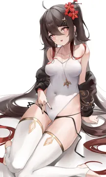 1girl ahoge bare_shoulders berserker_r bikini bikini_bottom_only bikini_under_clothes black_jacket black_nails breasts brown_hair collarbone covered_navel earrings flower flower_shaped_pupils genshin_impact gold_trim hair_between_eyes hair_flower hair_ornament hairclip hoop_earrings hu_tao__genshin_impact jacket jewelry long_hair medium_breasts multiple_rings off_shoulder one_piece_swimsuit open_mouth parted_lips red_eyes red_flower red_hair ring sitting smile solo stirrup_legwear swimsuit symbol_shaped_pupils thighhighs toeless_legwear very_long_hair white_one_piece_swimsuit white_thighhighs
