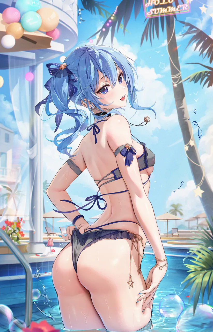1girl adjusting_clothes adjusting_swimsuit air_bubble ass back bare_shoulders bikini black_bikini black_choker blue_eyes blue_hair blue_nails blue_ribbon blue_sky blush bracelet breasts bubble choker cloud covered_nipples cowboy_shot day earrings from_behind hair_between_eyes hair_ribbon hololive hoshimachi_suisei houkisei jewelry long_hair looking_at_viewer looking_back median_furrow medium_breasts open_mouth outdoors palm_tree pool pool_ladder ribbon side_ponytail side_tie_bikini_bottom sideboob sky smile solo standing star__symbol star_earrings star_in_eye swimsuit symbol_in_eye thighs tree underboob virtual_youtuber wading water wet