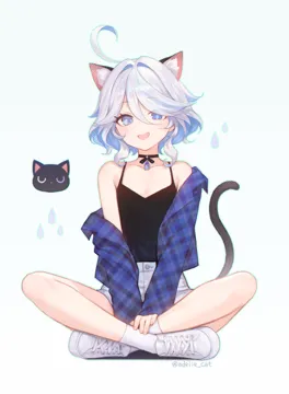 1girl ahoge alternate_costume animal_ear_fluff animal_ears black_camisole blue_eyes blue_jacket camisole cat_ears cat_girl cat_tail cross_laced_footwear crossed_legs drop_shaped_pupils full_body hair_between_eyes heterochromia jacket kemonomimi_mode looking_at_viewer off_shoulder open_mouth shoes short_hair shorts sitting socks solo symbol_shaped_pupils tail twitter_username white_shoes white_socks adelie_cat genshin_impact furina__genshin_impact