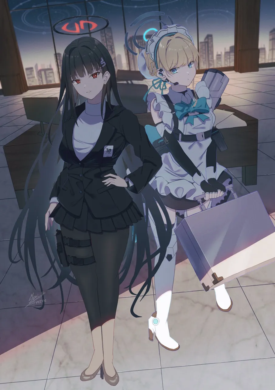 2girls apron artist_name assault_rifle bare_legs belt_pouch black_gloves black_hair black_halo black_skirt black_suit blazer blonde_hair blue_bow blue_bowtie blue_eyes blue_hair blue_halo blue_ribbon blunt_bangs boots bow bowtie braid briefcase brown_footwear bun_cover chair chest_harness city_lights cityscape clear_sky closed_mouth collared_apron desk elbow_gloves evening expressionless fingerless_gloves floor formal_clothes french_braid frilled_apron frilled_headwear frills full_body gloves gun h_k_g11 hair_bun hair_intakes hair_ornament hair_over_shoulder hair_ribbon hairclip halo handgun hands_on_own_stomach harness head_tilt headdress headset high_heel_boots high_heels holding holding_briefcase holster holstered indoors jacket knee_pads legs legs_together long_hair looking_at_viewer maid maid_apron maid_headdress miniskirt monitor multicolored_hair multiple_girls office office_chair pantyhose paper paperwork parted_bangs parted_lips pleated_skirt pleated_sleeves pouch red_eyes ribbon rifle school_uniform shade sidelocks signature single_hair_bun skirt skirt_set sky star__sky starry_sky streaked_hair suit sweater swept_bangs swivel_chair tactical_clothes tactical_maid tactical_school_uniform teeth thigh_boots thigh_holster thigh_strap thighhighs thighs turtleneck turtleneck_sweater unconventional_maid very_long_hair watch weapon weapon_on_back white_apron white_footwear white_sweater white_thighhighs window wristwatch maria_onnette blue_archive rio__blue_archive toki__blue_archive