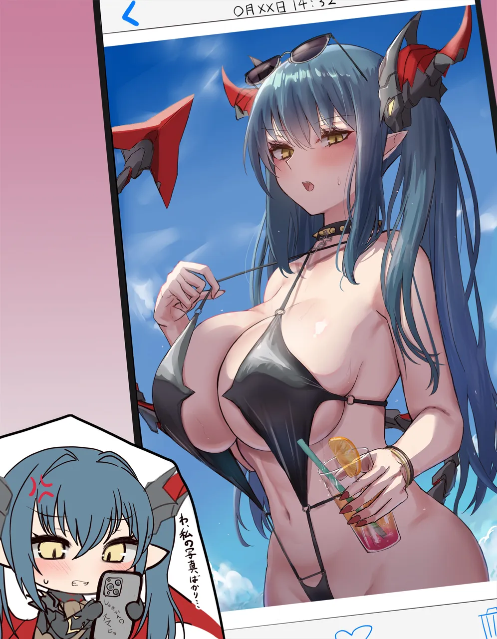 1girl anger_vein azur_lane bare_arms bare_shoulders black_one_piece_swimsuit blue_hair blush bracelet breasts cellphone cellphone_photo chibi drink holding holding_phone horns jewelry large_breasts long_hair looking_at_viewer navel official_alternate_costume one_piece_swimsuit open_mouth phone pointy_ears regensburg__azur_lane regensburg__dark_dragon_brilliant_beach__azur_lane satou_aji smartphone swimsuit tail twintails yellow_eyes