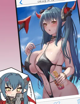 1girl anger_vein azur_lane bare_arms bare_shoulders black_one_piece_swimsuit blue_hair blush bracelet breasts cellphone cellphone_photo chibi drink holding holding_phone horns jewelry large_breasts long_hair looking_at_viewer navel official_alternate_costume one_piece_swimsuit open_mouth phone pointy_ears regensburg__azur_lane regensburg__dark_dragon_brilliant_beach__azur_lane satou_aji smartphone swimsuit tail twintails yellow_eyes