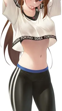 1girl arms_up blue_eyes breasts brown_hair character_name crop_top cropped_shirt hair_tie_in_mouth head_out_of_frame hololive hololive_dance_practice_uniform long_hair medium_breasts midriff mouth_hold navel official_alternate_costume pants shirt simple_background solo somebody__leiking00 stomach tokino_sora tying_hair very_long_hair virtual_youtuber white_background white_shirt workout_clothes yoga_pants