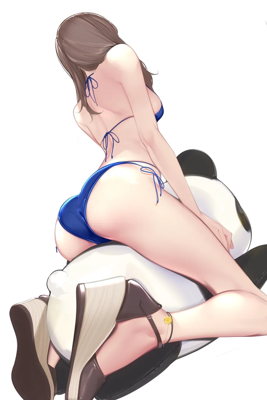 1girl ama_mitsuki ass back bare_back bare_shoulders bikini blue_bikini breasts brown_hair facing_away feet from_behind full_body halterneck leaning_forward legs long_hair medium_breasts panda sandals shoe_soles side_tie_bikini_bottom sideboob simple_background solo strappy_heels string_bikini stuffed_animal stuffed_panda stuffed_toy swimsuit thighs wedge_heels white_background