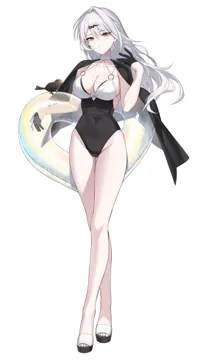 1girl bare_legs bird black_bird black_gloves black_jacket black_one_piece_swimsuit breasts choker cleavage closed_mouth collarbone covered_navel full_body gloves groin hair_ornament half_gloves halterneck hand_up heart_shaped_innertube highleg highleg_one_piece_swimsuit holding holding_swim_ring jacket jacket_on_shoulders large_breasts legs long_hair looking_at_viewer o_ring o_ring_swimsuit one_piece_swimsuit sandals simple_background solo standing swim_ring swimsuit thighs toes two_tone_swimsuit white_background white_choker white_hair white_one_piece_swimsuit yellow_eyes raki_kr zenless_zone_zero yixuan__zenless_zone_zero
