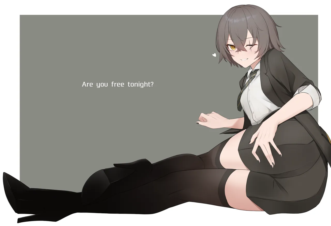 1girl ass black_jacket black_nails black_shorts black_thighhighs blush border breasts brown_hair collared_shirt english_text fingernails full_body green_background hair_between_eyes heart high_heels jacket kneepits looking_at_viewer medium_hair nail_polish necktie one_eye_closed scar scar_across_eye scar_on_face shirt short_sleeves shorts small_breasts smile solo striped_necktie thighhighs white_border white_shirt yellow_eyes re1kirisaki342 girls__frontline girls__frontline_2__exilium leva__girls__frontline_2 ump45__girls__frontline