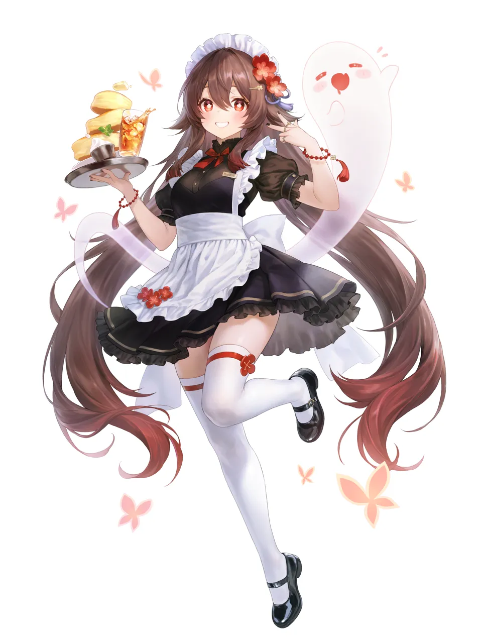 1girl alternate_costume apron bead_bracelet beads black_dress black_shoes bow bowtie bracelet breasts bug butter butterfly cup dessert dress drink drinking_glass enmaided flower food frilled_dress frills full_body ghost grin hair_flower hair_ornament hairclip hand_up hitodama holding holding_tray jewelry long_hair looking_at_viewer maid maid_apron maid_headdress mary_janes name_tag pancake plum_blossoms puffy_short_sleeves puffy_sleeves red_bow red_bowtie red_flower ring shoes short_sleeves small_breasts smile souffle_pancake standing standing_on_one_leg tassel thighhighs tray twintails very_long_hair white_thighhighs zettai_ryouiki adelie_cat genshin_impact boo_tao__genshin_impact hu_tao__genshin_impact