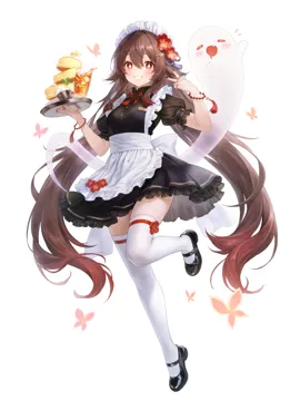 1girl alternate_costume apron bead_bracelet beads black_dress black_shoes bow bowtie bracelet breasts bug butter butterfly cup dessert dress drink drinking_glass enmaided flower food frilled_dress frills full_body ghost grin hair_flower hair_ornament hairclip hand_up hitodama holding holding_tray jewelry long_hair looking_at_viewer maid maid_apron maid_headdress mary_janes name_tag pancake plum_blossoms puffy_short_sleeves puffy_sleeves red_bow red_bowtie red_flower ring shoes short_sleeves small_breasts smile souffle_pancake standing standing_on_one_leg tassel thighhighs tray twintails very_long_hair white_thighhighs zettai_ryouiki adelie_cat genshin_impact boo_tao__genshin_impact hu_tao__genshin_impact