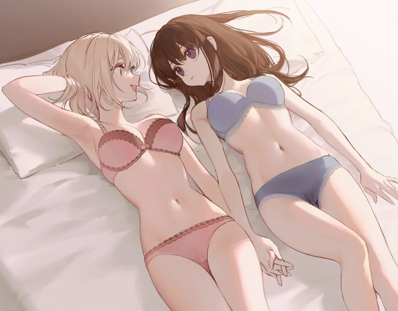 2girls arm_behind_head blue_bra blue_panties bra breasts brown_hair hair_spread_out hand_in_own_hair holding_hands inoue_takina interlocked_fingers lace_trim lace_trimmed_bra lace_trimmed_panties large_breasts lingerie long_hair looking_at_another lycoris_recoil lying medium_hair multiple_girls navel nishikigi_chisato on_back on_bed panties pink_bra pink_panties purple_eyes red_eyes side_by_side smile smilesmile1312 underwear underwear_only yuri