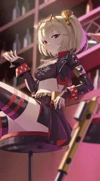1girl belt black_jacket black_shirt black_skirt black_thighhighs blonde_hair blurry breasts closed_mouth cocktail_glass crop_top cropped_jacket cup depth_of_field drink drinking_glass eyewear_on_head hair_ornament holding holding_cup holding_drink jacket large_breasts leg_up long_sleeves looking_at_viewer medium_hair midriff miniskirt open_clothes open_jacket pleated_skirt red_eyes shirt sitting skirt smile solo stomach stool thigh_belt thigh_strap thighhighs thighs two_side_up nasol zenless_zone_zero burnice_white__zenless_zone_zero