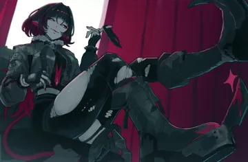 1girl black_gloves black_pantyhose black_shorts black_thighhighs blood blood_on_weapon blunt_bangs closed_mouth fingernails fur_trimmed_jacket fur_trim gloves glowing glowing_eyes green_eyes green_hair green_jacket hair_between_eyes high_waist_shorts jacket long_hair looking_at_viewer multicolored_hair nail_polish pantyhose red_hair red_nails shorts sidelocks single_thighhigh sitting smile solo thighhighs torn_clothes torn_pantyhose torn_thighhighs turtleneck two_tone_hair weapon sanshoku_dango__shukosuko zenless_zone_zero jane_doe__zenless_zone_zero