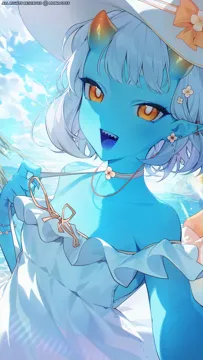 1girl bare_shoulders blue_skin choker colored_skin copyright_notice dress ear_piercing hat horns looking_at_viewer open_mouth orange_eyes outdoors piercing pointy_ears short_hair sky smile solo white_dress white_hair monoco55 sea_angel__monoco55