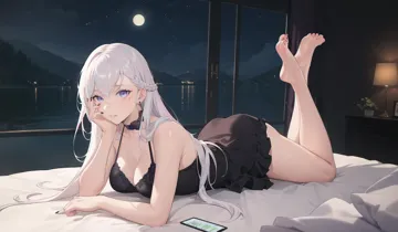 1girl alternate_costume azur_lane bare_shoulders barefoot bed belfast__azur_lane black_dress blue_eyes blush breasts cellphone chemise cleavage collarbone dress earrings feet feet_up full_body full_moon hair_spread_out jewelry large_breasts legs long_hair looking_at_viewer lying mole mole_under_eye moon nail_polish night on_bed on_stomach phone shooting_star short_dress smartphone smile soles solo star__sky stud_earrings the_pose toenail_polish toenails toes very_long_hair white_hair xiehou_nangong