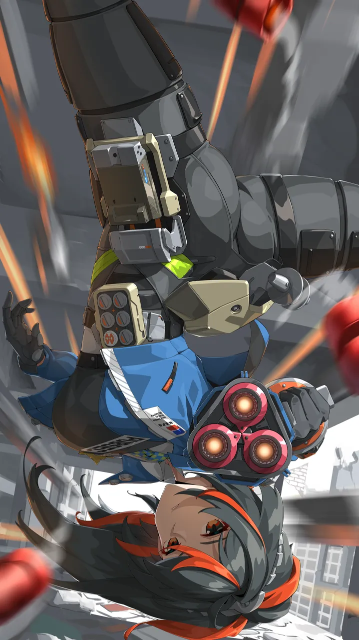 1girl ahoge ammunition_belt ass black_bodysuit black_gloves black_hair blue_jacket bodysuit bodysuit_under_clothes breasts checkered_necktie clothes_writing collared_shirt firing_at_viewer floating gloves gun hair_between_eyes holding holding_gun holding_weapon jacket large_breasts looking_at_viewer motion_blur multicolored_hair necktie open_clothes open_jacket orange_eyes parted_lips police police_uniform policewoman ponytail red_hair shell_casing shirt sidelocks skindentation solo streaked_hair two_tone_hair upside_down weapon white_shirt wrist_guards yan__unicorn404 zenless_zone_zero zhu_yuan