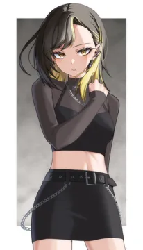 1girl _o asymmetrical_bangs belt black_hair black_skirt blonde_hair border breasts chain chain_necklace cowboy_shot cropped_shirt ear_piercing earrings jewelry long_sleeves looking_at_viewer medium_breasts medium_hair miniskirt multicolored_hair necklace pencil_skirt piercing see_through_clothes see_through_shirt shirt skirt solo thighs two_tone_hair white_border yellow_eyes camellia_90 idolmaster idolmaster_shiny_colors ikaruga_luca