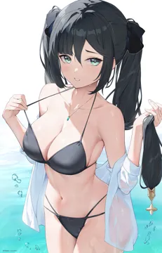 1girl alternate_costume aqua_eyes bare_shoulders bikini black_bikini black_hair breasts cleavage collarbone cowboy_shot genshin_impact hair_lift hair_ornament hair_ribbon halterneck hands_up holding holding_own_hair jewelry large_breasts long_hair looking_at_viewer mona__genshin_impact multi_strapped_bikini_bottom navel necklace off_shoulder open_clothes open_shirt parted_lips patreon_username pulling_own_clothes ribbon rosumerii shirt shirt_partially_removed solo sparkle star__symbol star_hair_ornament stomach strap_lift strap_pull string_bikini swimsuit thighs twintails very_long_hair wading water wet wet_clothes wet_shirt white_shirt