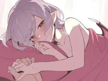 1girl asutora bat_wings closed_mouth hair_between_eyes holding_hands implied_after_sex jewelry light_smile looking_at_viewer lying nude on_bed on_side out_of_frame pointy_ears pov pov_across_bed pov_hands purple_hair red_eyes remilia_scarlet ring short_hair solo_focus sweat wedding_ring wings touhou
