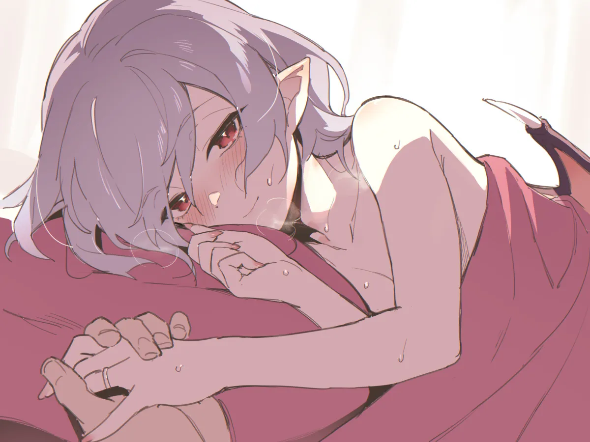 1girl asutora bat_wings closed_mouth hair_between_eyes holding_hands implied_after_sex jewelry light_smile looking_at_viewer lying nude on_bed on_side out_of_frame pointy_ears pov pov_across_bed pov_hands purple_hair red_eyes remilia_scarlet ring short_hair solo_focus sweat wedding_ring wings touhou