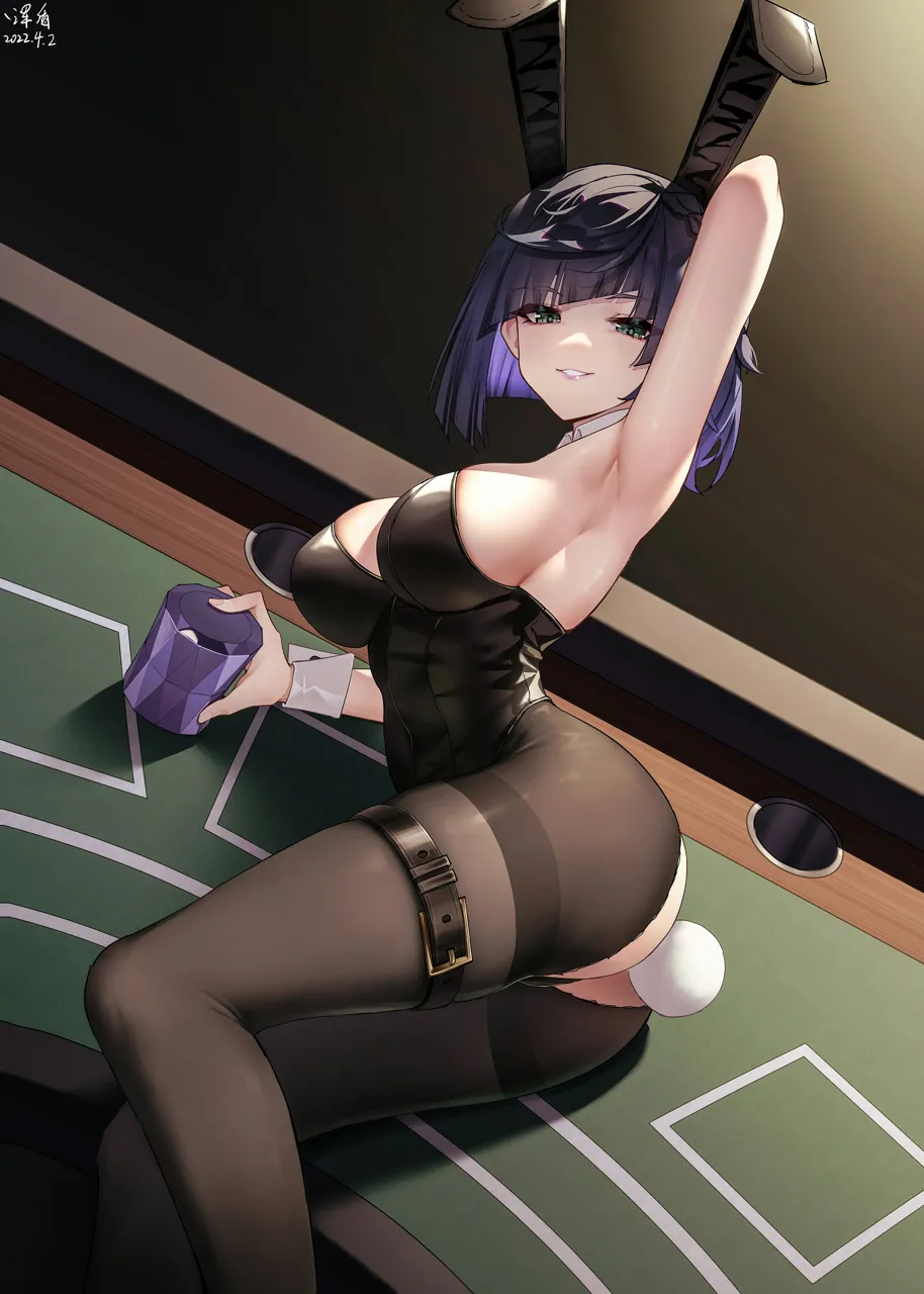 1girl alternate_costume animal_ears arm_behind_head armpits black_hair black_leotard breasts colored_inner_hair covered_navel cup dated detached_collar genshin_impact green_eyes hundun_no_bifang large_breasts leotard looking_at_viewer lying multicolored_hair on_side on_table pantyhose parted_lips playboy_bunny purple_hair rabbit_ears rabbit_tail short_hair sideboob smile solo table tail thigh_strap thighband_pantyhose torn_clothes torn_pantyhose wrist_cuffs yelan__genshin_impact