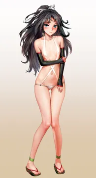 1girl anklet black_hair blue_eyes blush breasts covered_nipples detached_sleeves embarrassed feet full_body geta gradient_background hair_ribbon jewelry long_hair long_legs looking_at_viewer lowleg lowleg_panties navel panties pigeon_toed ponytail ribbon sandals simple_background slingshot_swimsuit small_breasts solo standing swimsuit tears thigh_gap underwear white_slingshot_swimsuit as109 kantai_collection katsuragi__kancolle