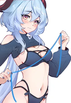 1girl ahoge blue_bra blue_hair blue_panties blush bow bow_bra bow_panties bra breasts cleavage goat_horns hair_between_eyes horns long_hair looking_at_viewer low_ponytail medium_breasts nail_polish navel open_mouth panties ponytail purple_eyes shrug__clothing solo underwear mihan__mihan_art genshin_impact ganyu__genshin_impact