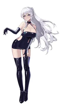 1girl azur_lane bare_shoulders black_boots black_gloves bondage bondage_outfit boots bound breasts cleavage closed_mouth elbow_gloves enterprise__azur_lane enterprise__wind_catcher__azur_lane full_body gloves large_breasts long_hair looking_at_viewer maanu official_alternate_costume purple_eyes simple_background smile solo standing thigh_boots thighhighs white_background white_hair