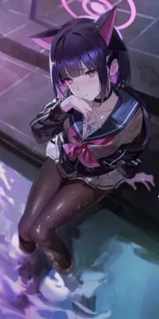 1girl animal_ears black_jacket blurry blush bra_visible_through_clothes breasts brown_pantyhose cat_ears closed_mouth collar colored_inner_hair depth_of_field extra_ears from_above halo jacket long_sleeves miniskirt multicolored_hair neckerchief off_shoulder pantyhose partially_unzipped pink_halo pink_neckerchief pool purple_hair purple_theme red_eyes sailor_collar school_uniform shirt short_hair sitting skirt small_breasts soaking_feet solo thighs water wet wet_clothes wet_shirt white_shirt white_skirt wiping_face flatshi blue_archive kazusa__blue_archive